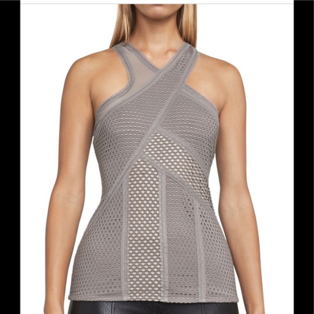 BCBG Maxazria KATLIN geometric mesh tank- TAN
